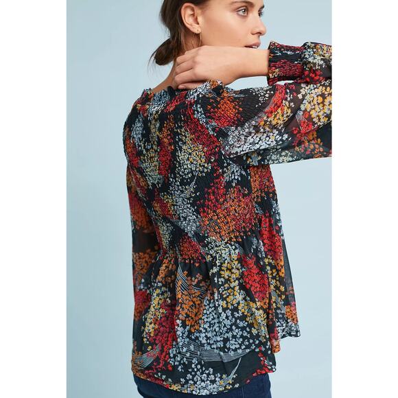 Anthropologie Akemi + Kin Adria Smocked Floral Top Black Multicolor - Size M - Picture 3 of 8